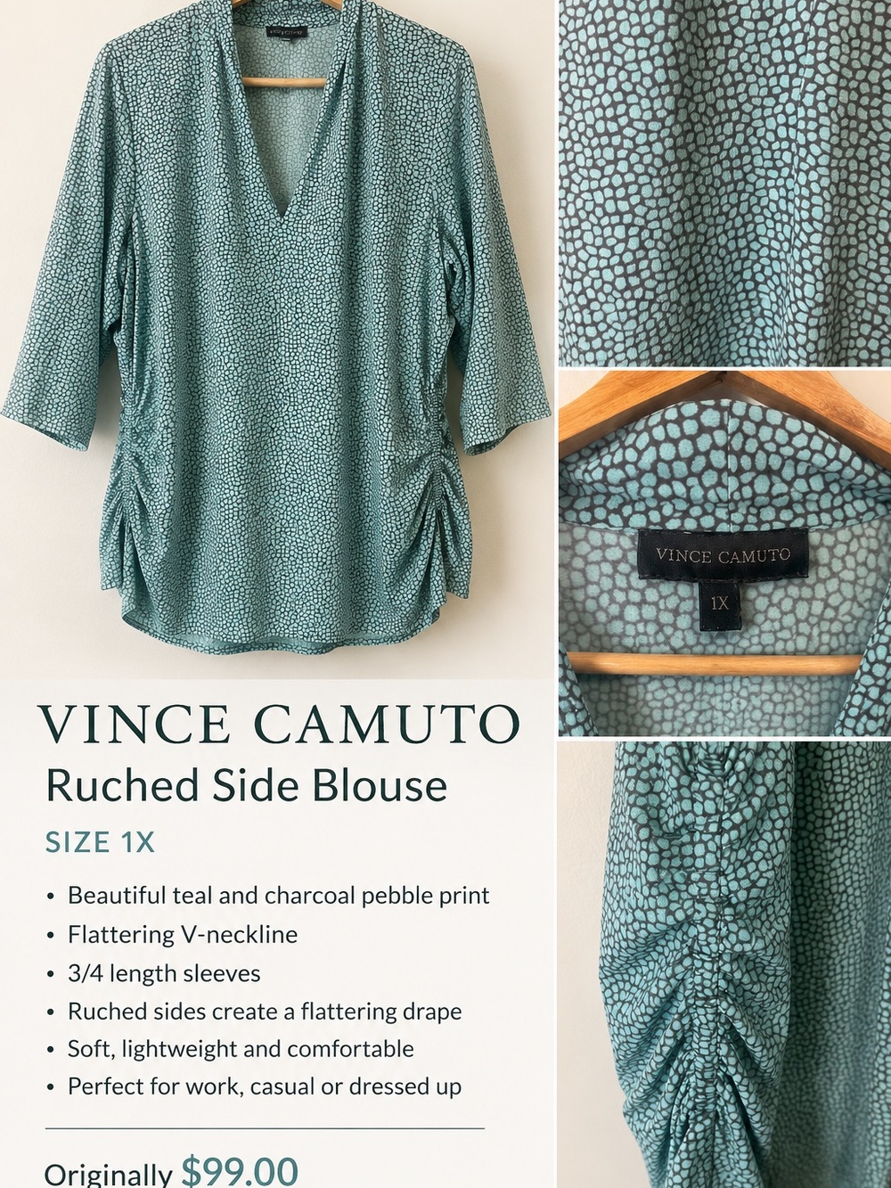 Vince Camuto Teal Pebble Print Ruched V-Neck Blouse 1X